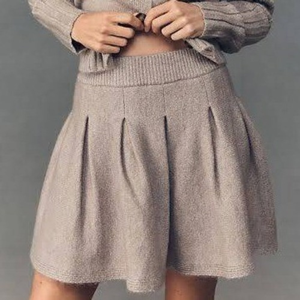 Anthropologie Mini Skirt Women S Taupe Pleated Knit Preppy Academic Coquette Mod